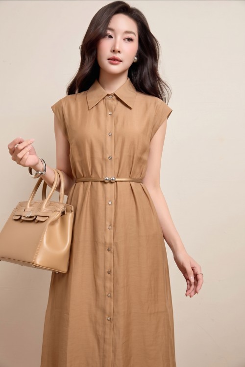 Sixdo Brown Organza Loose Dress With Belt